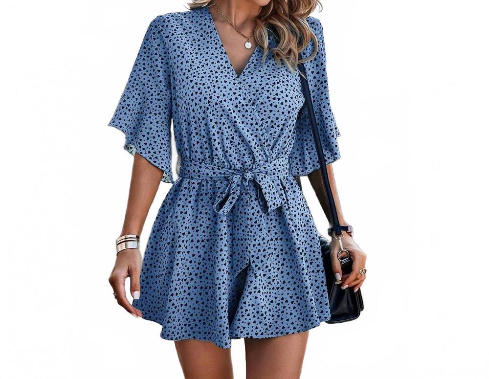NEW ELINGS ruffled belted hearts romper in blue with black